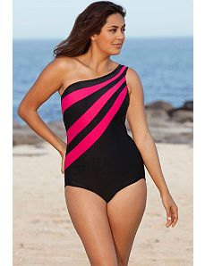 Pink Splice City One Shoulder Swimsuit by Delta Burke