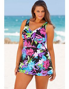 Aqua Floral Plus Size V-Neck Swimdress by Beach Belle