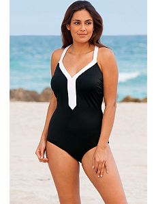 White Banded V-Neck Swimsuit by Beach Belle