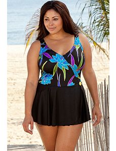 Longitude Blue Tropical Mock Surplice Swimdress by Longitude