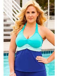 Blue Color Block Sash Halter Tankini Top by Beach Belle