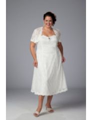 Tea-length lace informal wedding dress with bolero by Sydney's Closet