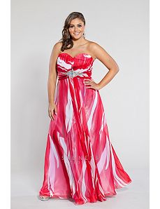 Red and white print strapless chiffon gown by Sydney's Closet