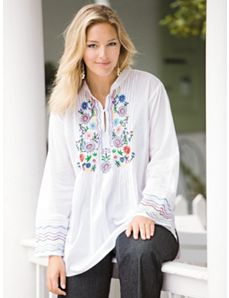 Embroidered Pintuck Tunic by Ulla Popken