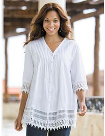 Lace Trim Pintuck Blouse by Ulla Popken