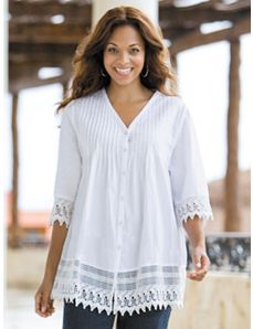 Lace Trim Pintuck Blouse by Ulla Popken