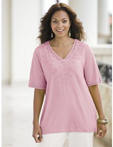 Crochet Trim Knit Tee by Ulla Popken