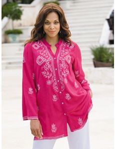 Embroidered Button Front Blouse by Ulla Popken
