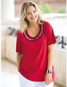 Beaded Scoop Neck Knit Top by Ulla Popken