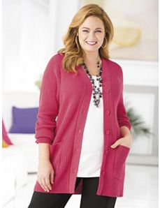 Classic Shaker-stitch Cardigan Sweater by Ulla Popken