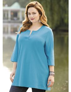 Split Neck Knit Tee by Ulla Popken