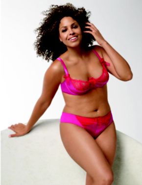 Lace Trim Quarter Cup Bra, Satin Thong