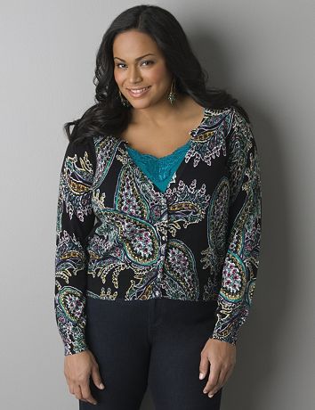 Rhinestone button cropped paisley cardigan by Lane Bryant