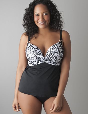 Twist front swim tank with built in Cacique plunge bra