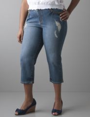Distressed denim capri