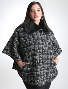 Fur Collared Plaid Cape by Lane Bryant