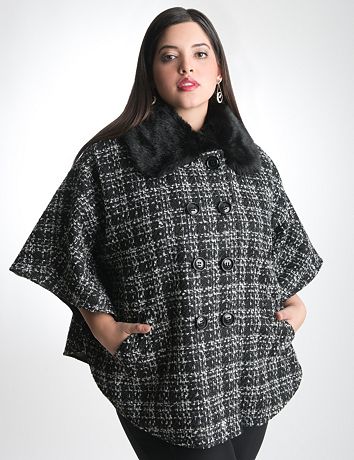 Fur Collared Plaid Cape by Lane Bryant