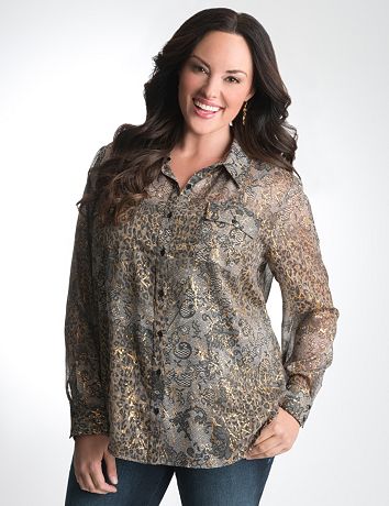 Plus Size Mixed print button front shirt by Lane Bryant