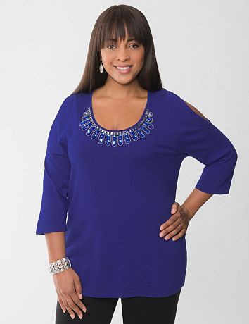 Embellished cold shoulder sweater