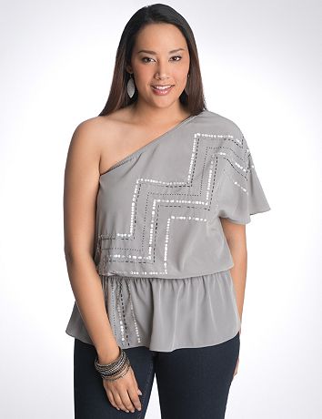 Full figure sequin zig zag one shoulder top