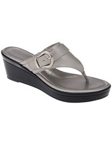 Wide Width Buckled Metallic Wedge Sandal