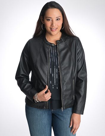 Full Figure Ribbed Faux Leather Moto Jacket by Lane Bryant
