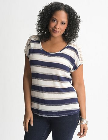 Lace shoulder striped tee