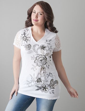 Lace sleeve crinkle tee by Seven7