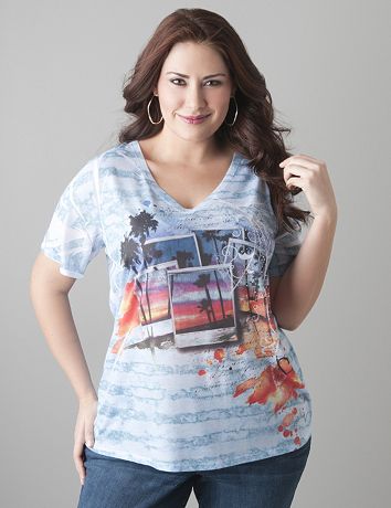 Postcard print slub tee by Lane Bryant