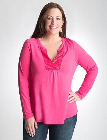 Plus Size Sequin Henley Top by Lane Bryant