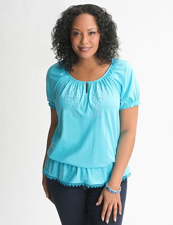 Full Figure Embroidered Peasant Peplum Top