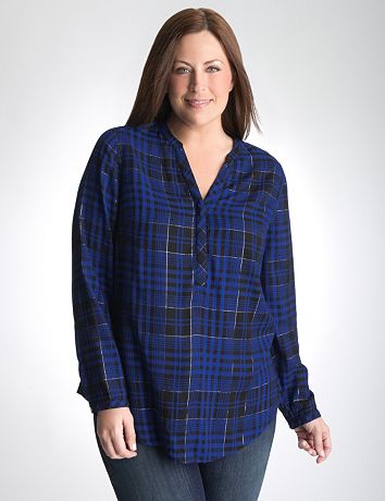 Shimmer plaid henley top by Lane Bryant
