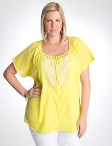 Full figure gauze crochet peasant top