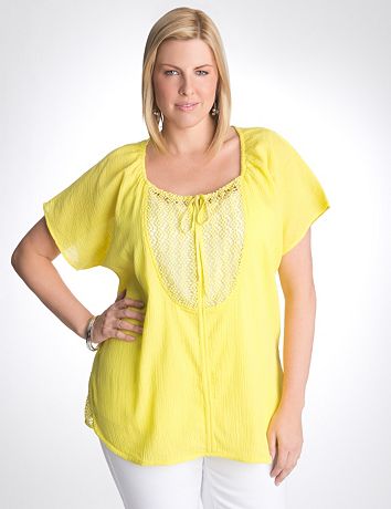 Full figure gauze crochet peasant top
