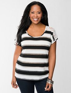 Lace shoulder striped tee