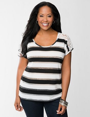 Lace shoulder striped tee