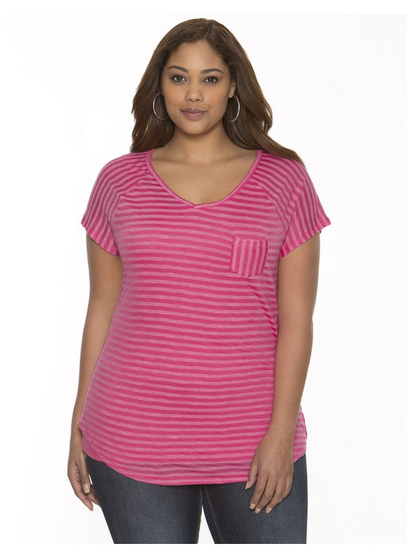 Lane Bryant Plus Size Striped V neck tee     Womens Size 14/16, Tango Pink
