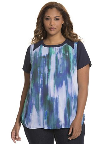 Printed woven tee with knit trim by Lane Bryant | Lane Bryant